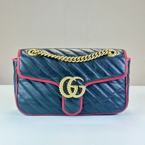 Gucci GG Logo Black Leather Marmont Shoulder Bag Crossbody - Picture 1 of 8